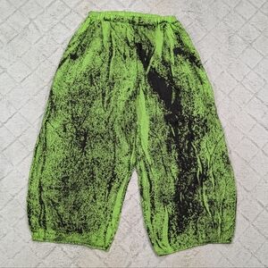 Cynthia Ashby Pants Womens L Green Black Linen Barrel Wide Leg Crop Boho